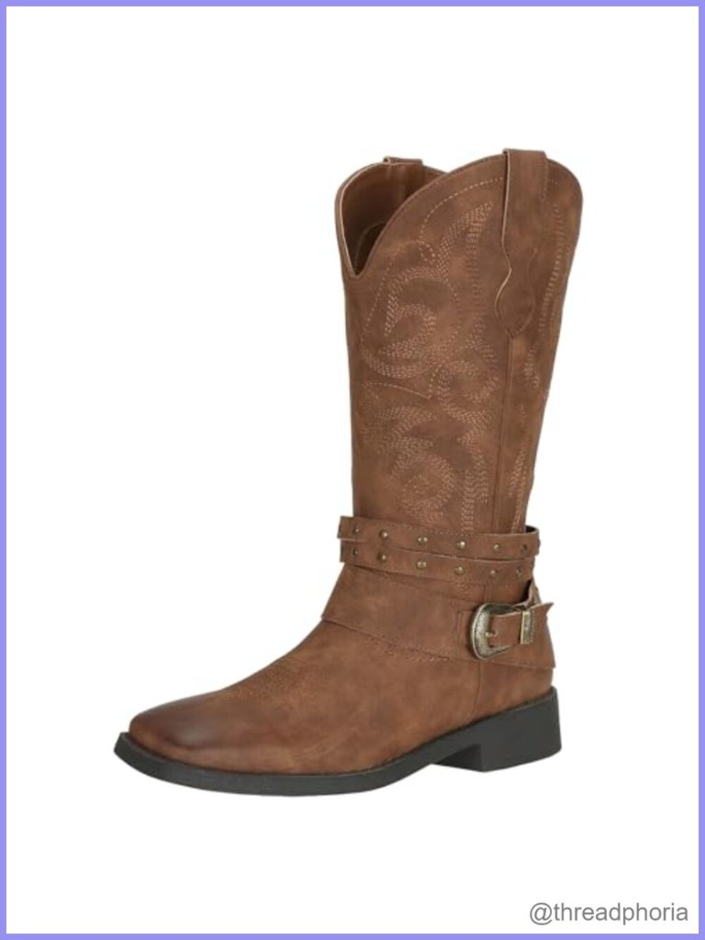 Faux Leather Square Toe Cowboy Boots Mid-Calf Pull On Removable Buckle